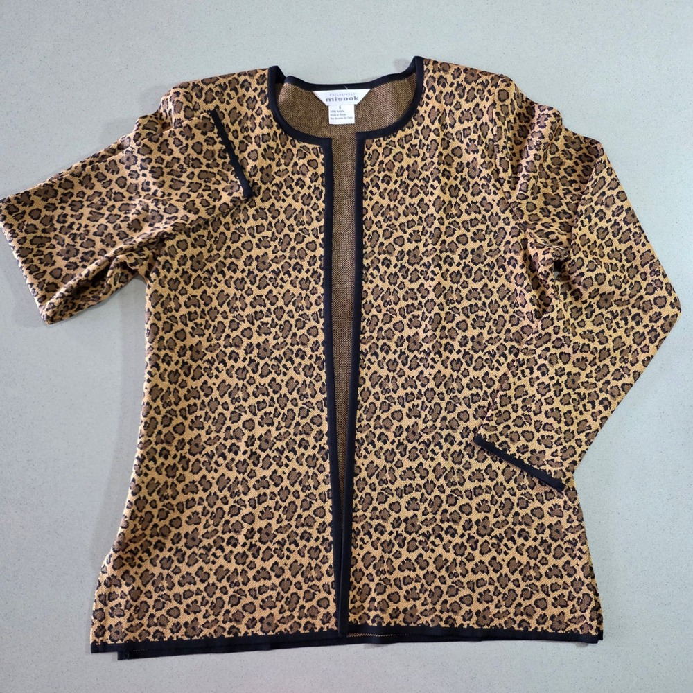 Exclusively Misook Leopard Print Open Front Knit Cardigan Jacket Tan Black S
